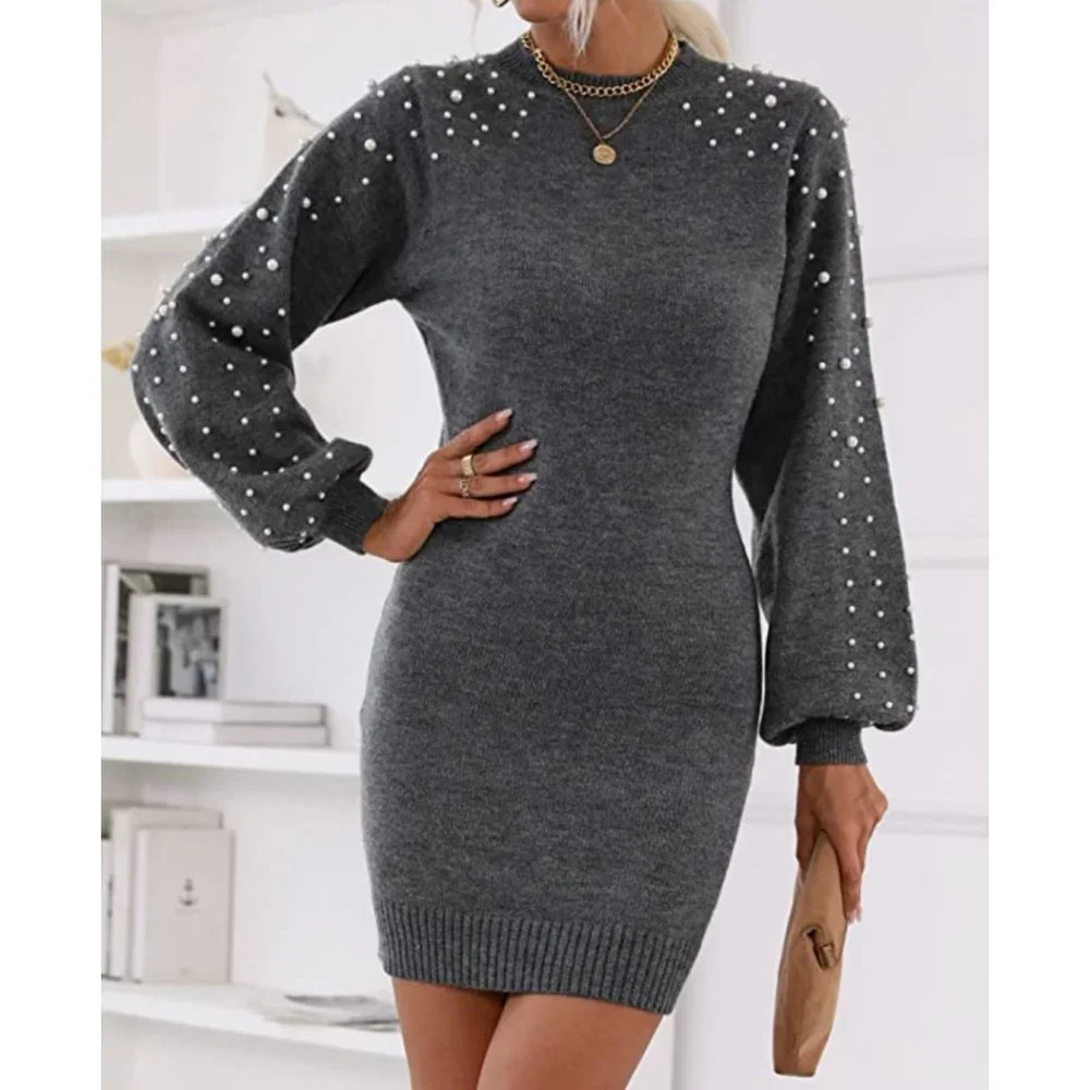 Gray Knit Pearl Embellished Lantern Sleeve Long Sleeve Bodycon Mini Dress - Picture 7 of 8
